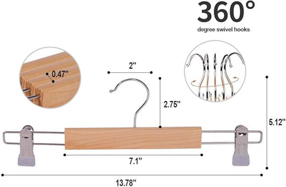 Wooden Pants Hangers 12Packs, Skirt Hangers with Adjustable Clips, Non Slip Wood Clothes Hangers with Clips, Space Saving Hangers for Pants Skirts Trousers Slacks Jeans