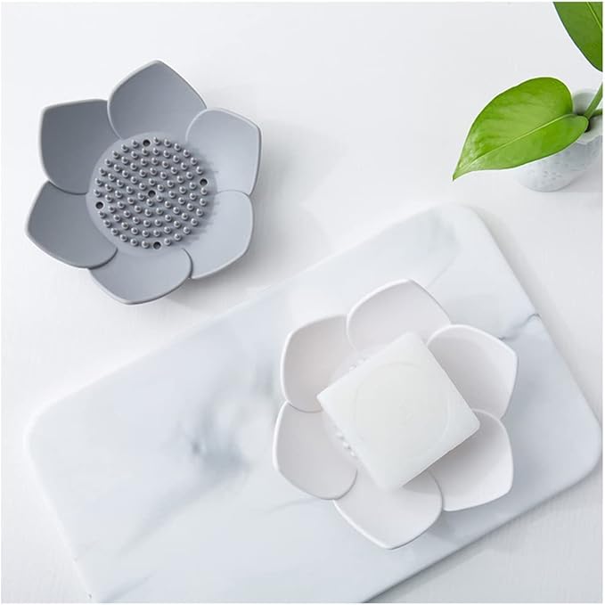 Silicone Soap Dishes with Draining. Bathroom Bar Soap Holder for Shower. Soap Tray for Kitchen Sink. Flower Shape Soap Saver for Counter, Bathtub. (4 Pack, White,Grey,Pink,Blue)