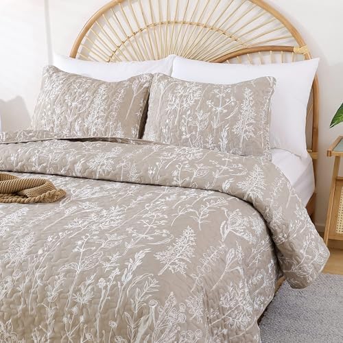 JANZAA Twin Quilt, Oatmeal Quilt Set Floral Bedspread 2 Pcs Bedding Set - Image 5