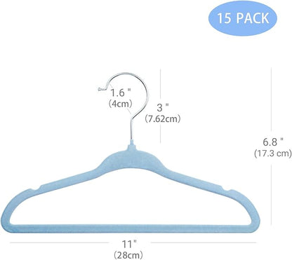 ManGotree Kids Velvet Clothes Hangers, Baby Childrens Hangers for Clothes Space Saving Non-Slip 15Pack (Blue)