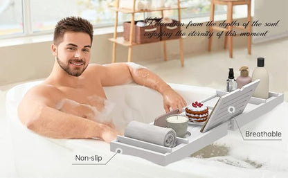 Zhuoyue Bamboo Bathtub Tray, Expandable Premium Bath Tray for Luxury Bathroom, Adjustable Bath Accessories for Tub with Soap Towel Book Holder, Extendable 29.5-43.3" White