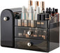 Bird&Fish Makeup Organizer with Sliding Brush Holder, Clear Skincare Organizer with Drawers, Bathroom Countertop Organizer, Sturdy Cosmetic Storage Case for Vanity, Dresser (Black)