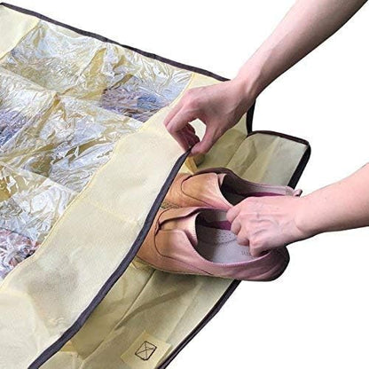 Men/Women Adults 12 Cells See Through Underbed Shoe Storage Bag Organizer, Beige