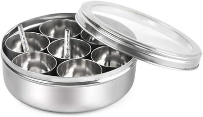 Mumma's LIFE Stainless Steel Masala Dabba/Spice Box with See Through Lid, 7 Containers and 1 Small Spoons (12inch)