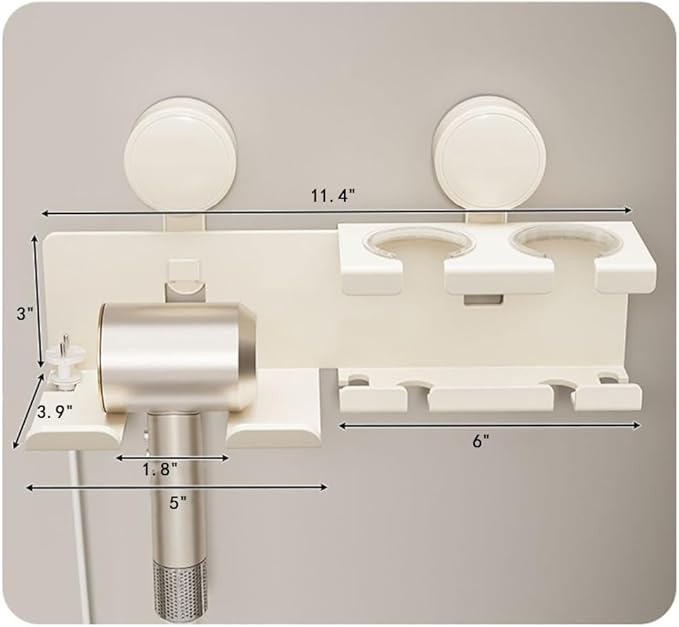 Hair Dryer Holder Wall Mounted - Suction Hair Dryer Organizer with Shelf & Hooks, 3 in 1 Bathroom Hair Tool for Blow Dryer, Curling Iron, Straightener (Grey)