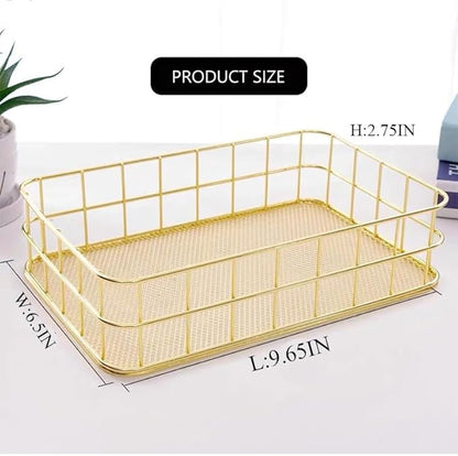 2Pcs Gold Basket Bathroom Organizer Storage Basket for Decor Desktop Exquisite Vanity Dresser Ornament Office Stationery Home(9.65 * 6.5 * 2.75inch)