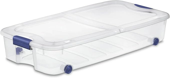 66 Quart Wheeled Latch Box, Clear Underbed Storage Bin with Lid, Blue