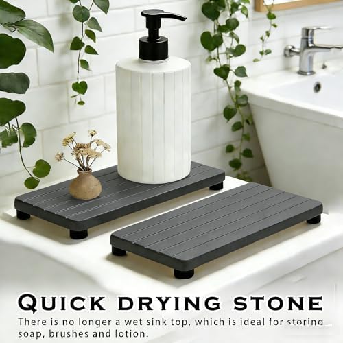 2PCS Stone Drying Tray, Water Absorbing Stone Tray for Sinks, Neat Diatomite Sink Trays, Fast Drying Kitchen Sponge Hand Soap Holder, Instant Dry Sink Coasters Used for Bathroom Counter -Dark Gray - Image 4