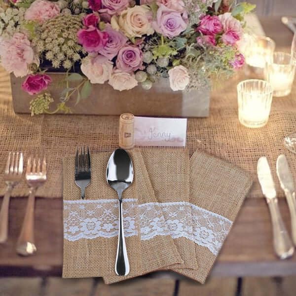 Efavormart 10 Pack Natural Burlap and Lace Silverware Holder Pouches, 4"x8" Rustic Cutlery Pockets for Weddings, Country Parties, and Vintage Themed Table Decor
