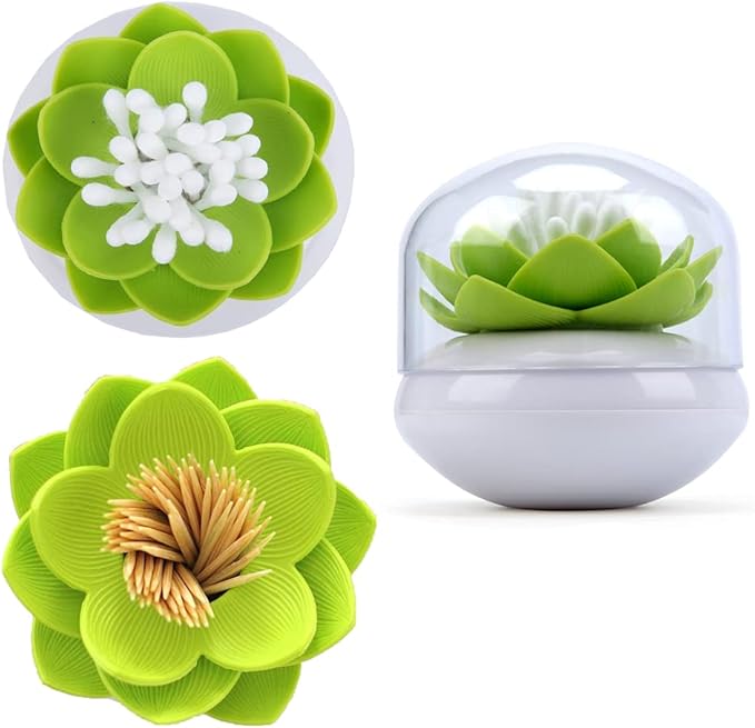Bloss QTip Cotton Swab Holder Set - Lotus Toothpick Organizer Bathroom Decor Vanity Canister - 2 Pack (Green + Pink)