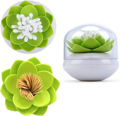 Bloss QTip Cotton Swab Holder Set - Lotus Toothpick Organizer Bathroom Decor Vanity Canister - 2 Pack (Green + Pink)