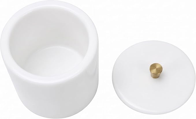 Real White Marble Qtip Holder with Lid and Copper Knob – Round Cotton Swab Container for Bathroom Vanity – Natural Stone Organizer with Rubber Feet – 4.3" Dia x 5.3" H (11 x 13.5 cm), 3.3 lbs