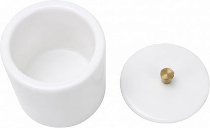 Real White Marble Qtip Holder with Lid and Copper Knob – Round Cotton Swab Container for Bathroom Vanity – Natural Stone Organizer with Rubber Feet – 4.3" Dia x 5.3" H (11 x 13.5 cm), 3.3 lbs