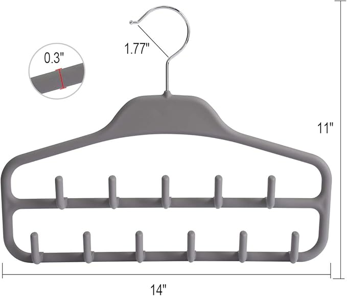 Belt Hanger 2 Pack, Sturdy Belt Organizer with 360 Degree Swivel, Tie Rack with 11 Large Belt Hooks for Closet, Non Slip Rubberized Belt Rack, Gray