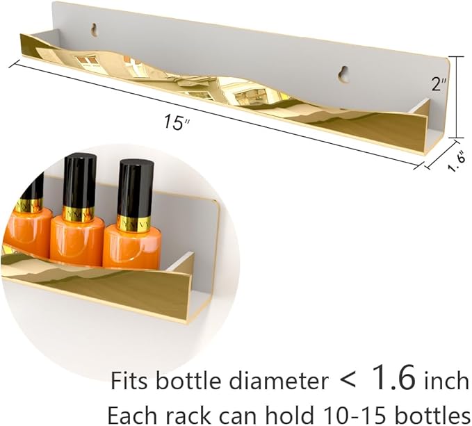 YMVV Wall-Mounted Nail Polish Organizer Rack - 15-Inch Gold Mirror Finish Nail Polish Shelf, Makeup & Beauty Essentials Storage - Multi-Purpose Display Holder for Small Space, Vanity Bathroom, 6 Pack