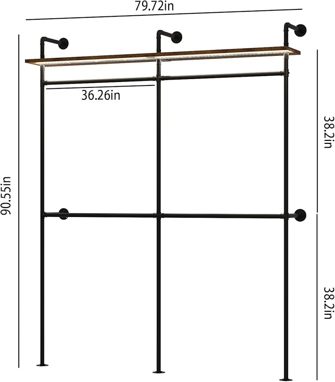 Industrial Pipe Clothing Racks with Shelves & LED Lights, 79" Wall Mounted Clothes Rack for Hanging Clothes, Heavy Duty Industrial Pipe Shelving for Walk-in Closet Storage, Black