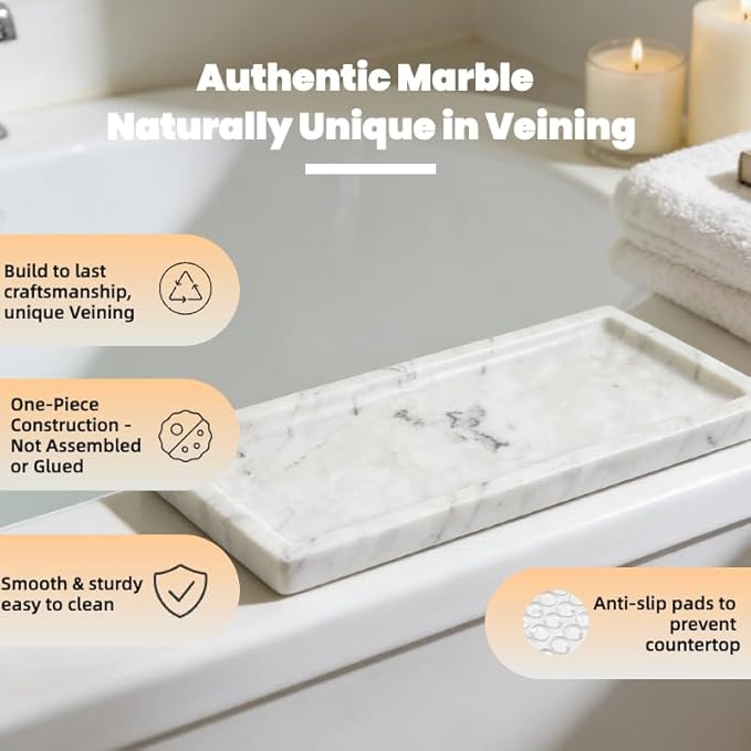 Marble Tray, Stone Bathroom Tray for countertop, Small White Marble Vanity Tray for Perfume, Skincare & Bathroom Accessories