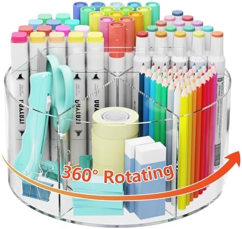 Desk Pen Holder, 360 Degree Acrylic Rotating Pencil Organizer for Kid Crayon Marker, Office Supply Accessory Organizer Rotating Organization for Desktop, Kitchen, Makeup, Vanity by ITAYVAN