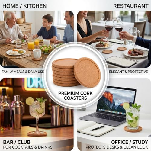 Tebery 20 Pack Round Lip Cork Coasters, 3.9 Inch Absorbent Drink Coaster with Grooved Round Edge for Bar Glass Cup Table - Image 6