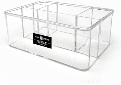 Isaac Jacobs 5-Compartment Clear Acrylic Organizer (10” L x 7” W x 4” H), Makeup Brush Holder, Tall Slot, Multi-Sectional Tray, Storage Solution for Makeup, School, Crafts, Office Supplies & More