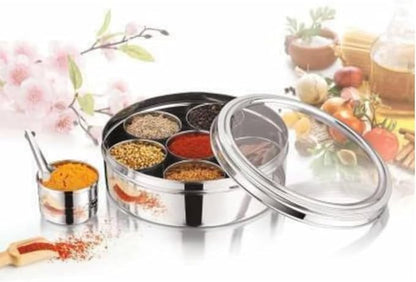 Mumma's LIFE Stainless Steel Masala Dabba/Spice Box with See Through Lid, 7 Containers and 1 Small Spoons (13 inch)
