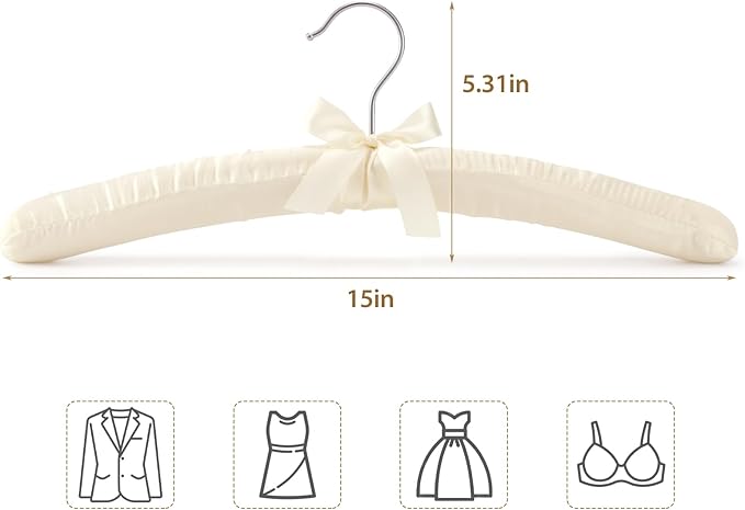 Women's Clothing Padded Hangers, 15 Inch Satin Hangers, Thick Foam Padding, No Shoulder Pads, for Sweaters, Suits, Wedding Dresses, Fine Cashmere (Pack of 10)