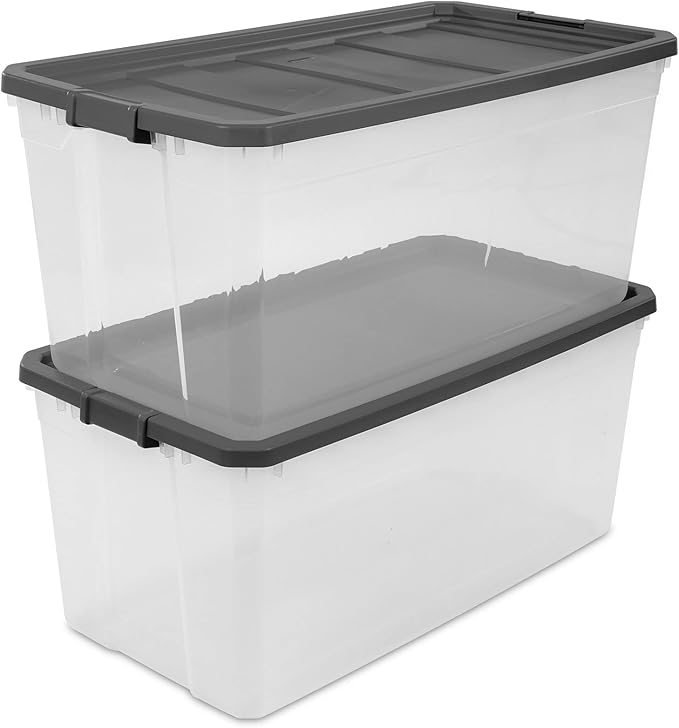 Sterilite 200 Quart Clear Plastic Modular Stacker Storage Bin Tote Container with Latching Lid, Clear Base, and Textured Sure-Grip Surface, Flat Grey