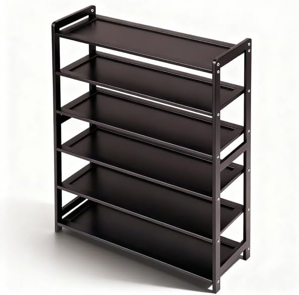 Bamboo Wooden Shoe Rack, Shoe Organizer with Smooth Painted Surface Finishe, Space-Saving Shoe Shelf for Entryway, Living Room, Bedroom (Dark, 6-Tier-27x10x36in)