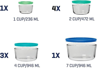 Anchor Hocking 18 Piece Glass Storage Containers with Lids (9 Glass Food Storage Containers & 9 Mixed Blue SnugFit Lids)