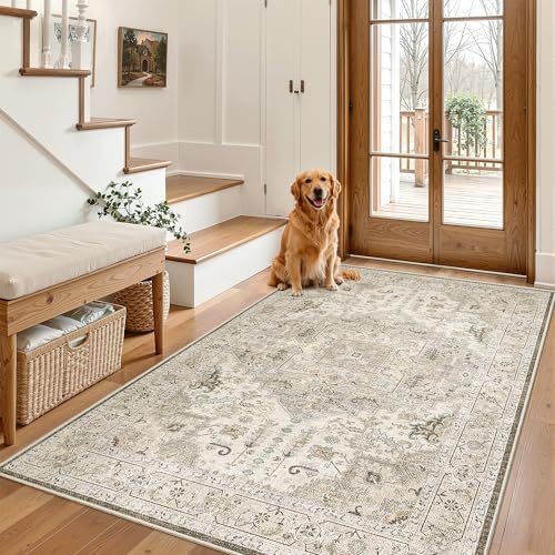 Madane Area Rug 4x6 Washable Rugs Vintage for Living Room, Ivory/Brown - Image 3
