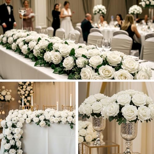 Auihiay 64PCS White Roses Artificial Flower, Fake Silk Roses - Image 4