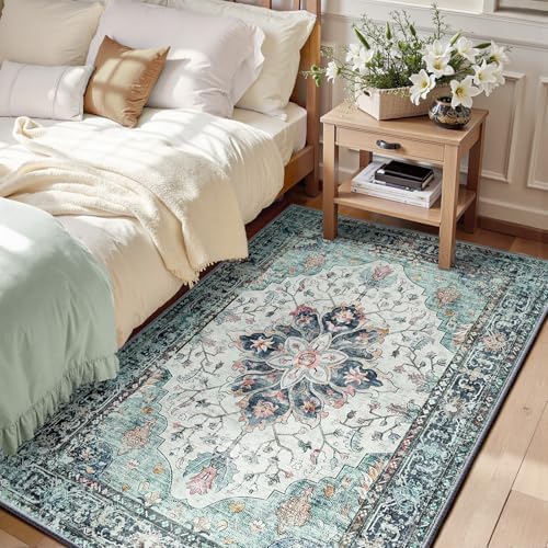 RELEANY Washable Area Rug, 3'x5', Teal Green/White/Navy by RELEANY