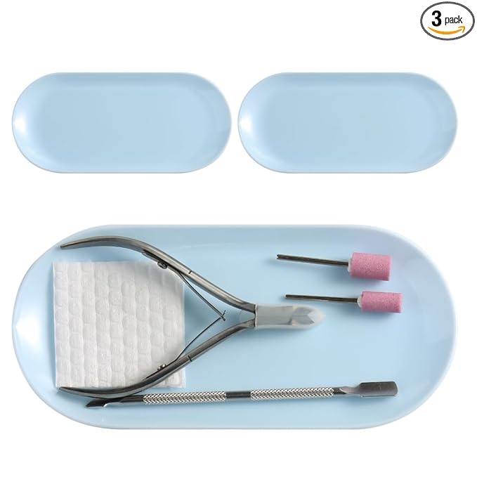 3Pcs Manicure Tools Storage Tray, Oval Plastic Storage Dish Nail Art Accessory Display Trays, Jewelry Rhinestone Organizer Plate, Makeup Cosmetic Nail Decorations Storages Plate（Blue）