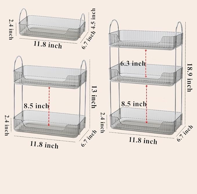 Bathroom Organizer Countertop, Vanity Trays for Skincare Makeup, Counter Organizer for Cosmetics, Toiletries, Lotions, Perfumes (3 Tiers, Grey)