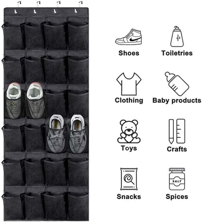 Over The Door Hanging Shoe Organzier, Large Capacity Mesh Shoe Rack, 24 Pockets Hanging Shoe Rack Holder Organizer Shoe Storage Closet for Men Sneakers,Bedroom Bathroom Pantry (Black)