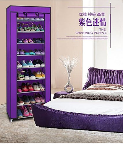 BNSPLY 10-Tier Non-Woven Fabric Shoe Rack, Large Shoe Shelf with Dustproof Cover, 2 side pockets Shoe Storage Cabinet Organizer for Closets, Bedrooms, Garages，Purple