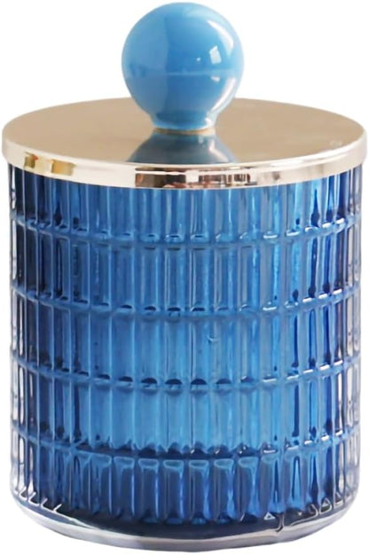 WAIT FLY Embossed Glass Cotton Swabs Dispenser with Lid Bathroom Cup Bathroom Vanity Organizer-Blue