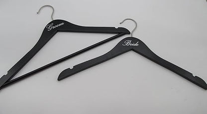 NAHANCO 17" Wooden Hangers, Bride and Groom Set, Black with Silver Imprint (2 Piece Set)
