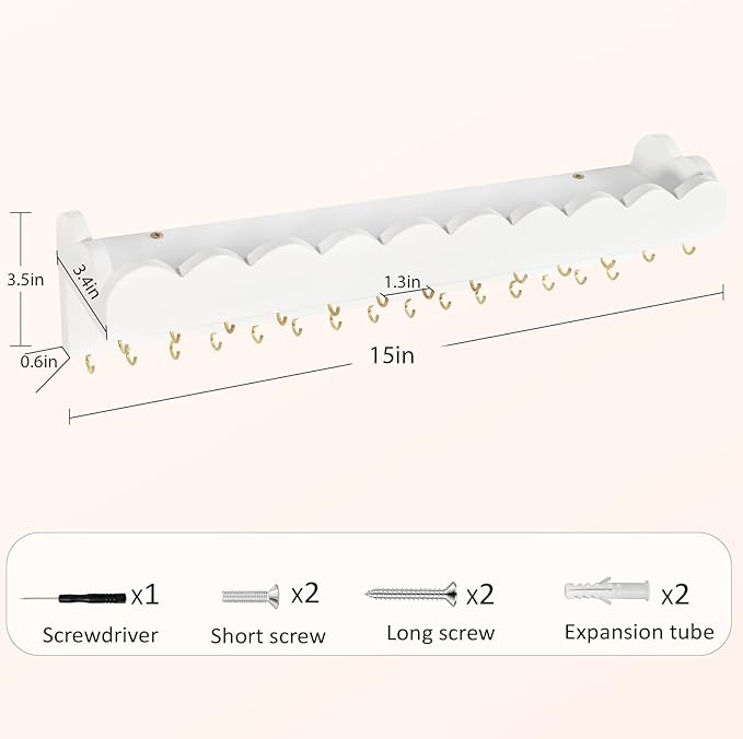 Wall Mount Jewelry Organizer with 28 Hooks and Cosmetics Shelf, Modern Wood Hanging Jewelry Holder for Necklaces, Bracelets, Earrings and Rings, White