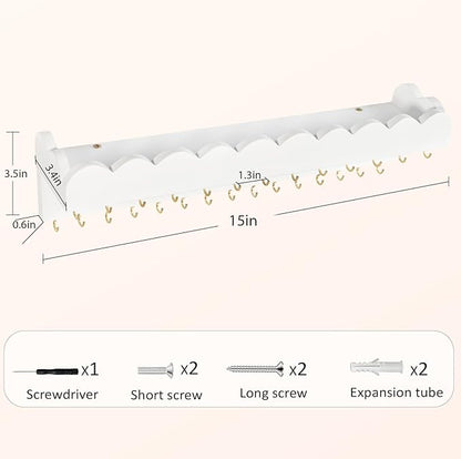 Wall Mount Jewelry Organizer with 28 Hooks and Cosmetics Shelf, Modern Wood Hanging Jewelry Holder for Necklaces, Bracelets, Earrings and Rings, White