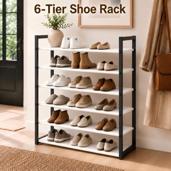 6-Tier Shoe Rack Organizer, Zero-Wobble Metal Frame with Screw-Fastened Joints, 11.8" Deep Heel-Friendly Non-Woven Shelves, Stackable Shoe Storage for Closet & Entryway