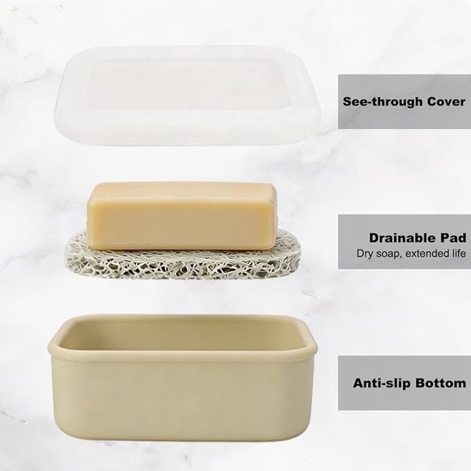 Compact Leakproof Travel Soap Case with Drainage Layer, Silicone Soap Holder Travel Soap Dish, Bar Soap Container for Traveling, Camping, Gym, Bathroom (Beige)