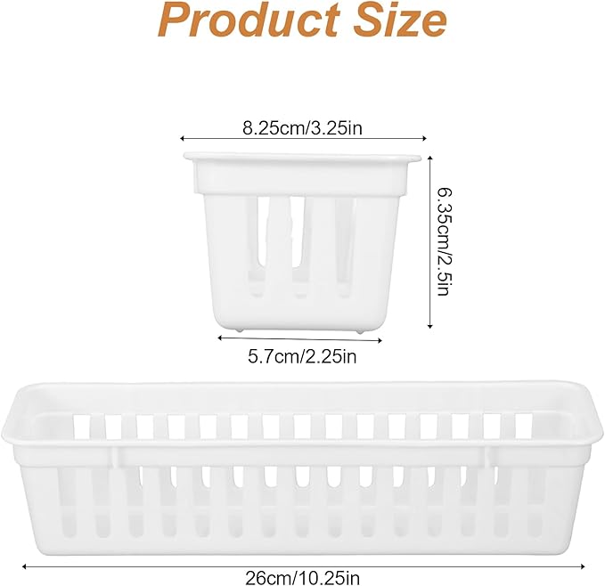 12 Pack Slim Plastic Storage Baskets Tray for Organizing 10.25 x 3.25 x 2.5 Inch Small Narrow Storage Bins Stackable Drawer Pencil Trays Holder for Desk Garage Cabinet Containers(White)