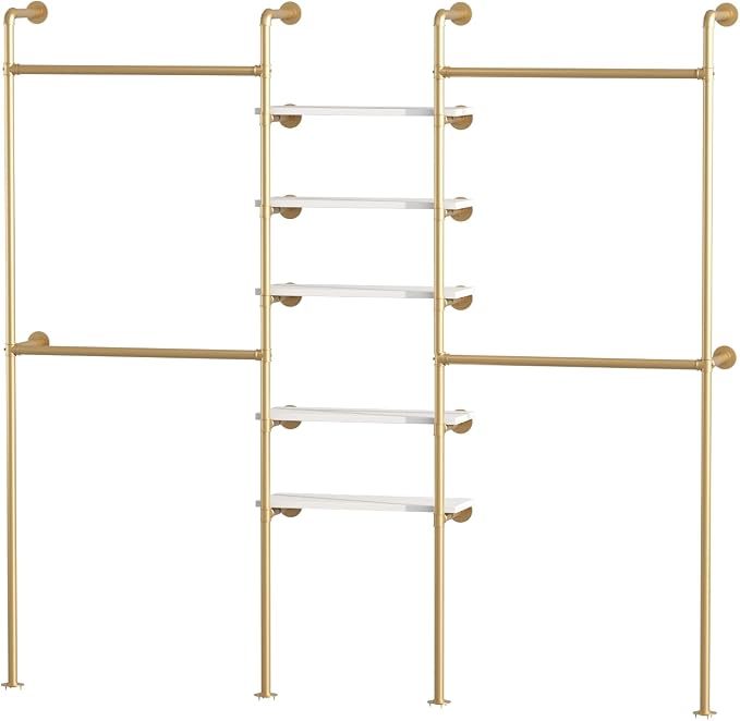 Industrial Pipe Clothing Racks with 5 Shelves, Wall Mounted Gold Clothes Rack for Hanging Clothes, Gold Wall Clothing Rack, Heavy Duty Clothes Rack for Walk in Closet, Laundry Room