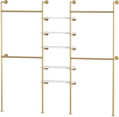 Industrial Pipe Clothing Racks with 5 Shelves, Wall Mounted Gold Clothes Rack for Hanging Clothes, Gold Wall Clothing Rack, Heavy Duty Clothes Rack for Walk in Closet, Laundry Room
