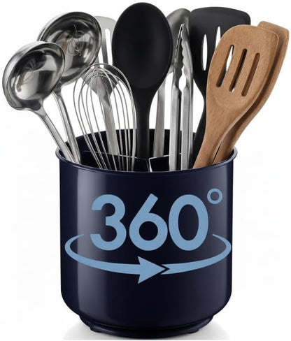 Cooler Kitchen Jumbo Plastic Rotating Extra Large Utensil Holder Crock with No-Tip Weighted Base, Removable Divider, and Gripped Insert - Kitchen Utensil Holder for Kitchen Counter: Blue Utensil Caddy