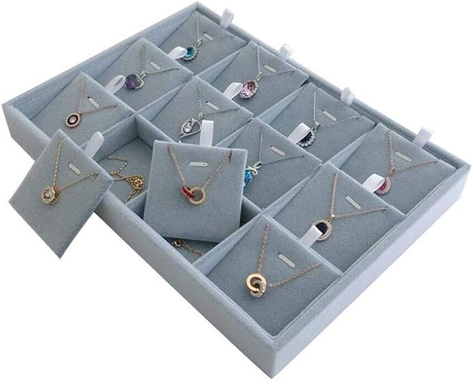 Premium Quality Grey Velvet Stackable Organizer Tray Pendant Necklace Jewelry Storage Store Home Drawer Closet Inserts Dividers with Removable Tabs