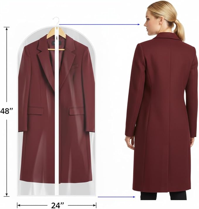 All Clear Garment Bags for Travel - 48” PEVA Waterproof Suit Cover with Zipper for Hanging Clothes, long dress - Durable Dresser for Closet Storage, Dustproof & Moisture Resistant - 48”/2 Pack