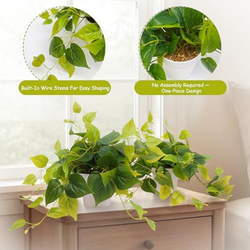 alyptus Fake Pothos Hanging Plants – Set of 2 Faux Ivy Vines Realistic Silk Devil’s Ivy for Indoor Décor, Low Maintenance Artificial Greenery for Home Bathroom or Office - Green with White Pots - Image 3