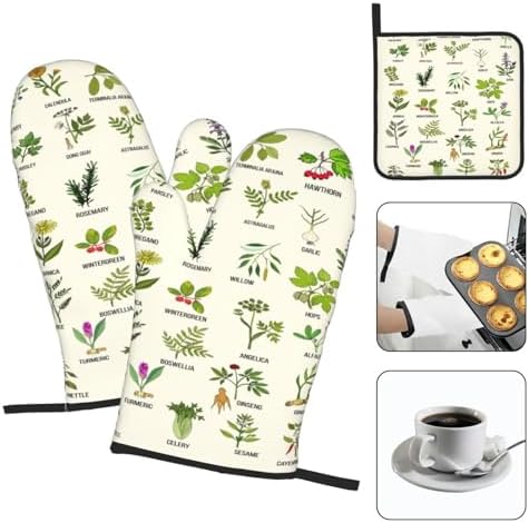 Cute Herbs Botanic Garden Plants Oven Mitts and Pot Holders Sets Heat Resistant for Kitchen BBQ Microwave Baking Grilling Cooks Set of 3 Kitchen Oven Glove - Image 3